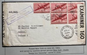 1942 New York USA The ambassador Dual Censored Airmail Cover to Dublin Ireland