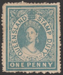 QUEENSLAND 1866 QV Large Chalon Stamp Duty 1d blue Postal Fiscal, no wmk.