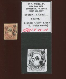 Confederate States 8 Jackson Used Stamp with Weiss Cert BY1953