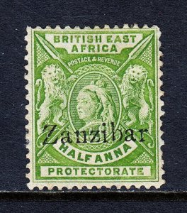 ZANZIBAR — SCOTT 32 — 1896 ½a YELLOW GREEN QV AND LIONS OVPT. — MH — SCV $42