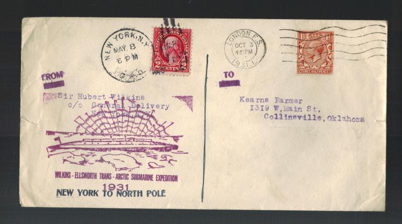 1931 USA London England Cover Hubert Wilkins North Pole Submarine Expedition 2