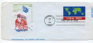 UC56 30c World Communications Year 1983 Aerogramme, Farnam, HF, FDC