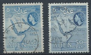 Aden 1953 - QE2 50c both shades wmk Mult Script CA - SG58-59 used