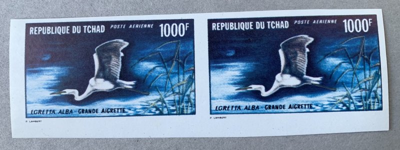 Chad 1971 White Egret - imperforate pair, MNH.  Scott C84 variety