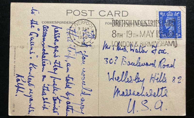 1950 Liverpool England Picture postcard Cover To Wellesley MA USA Britannic