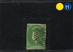 CEYLON QV Stamp SG.3a 2d Yellowish Green (1857) XF Used Cat £90+ YBLUE11