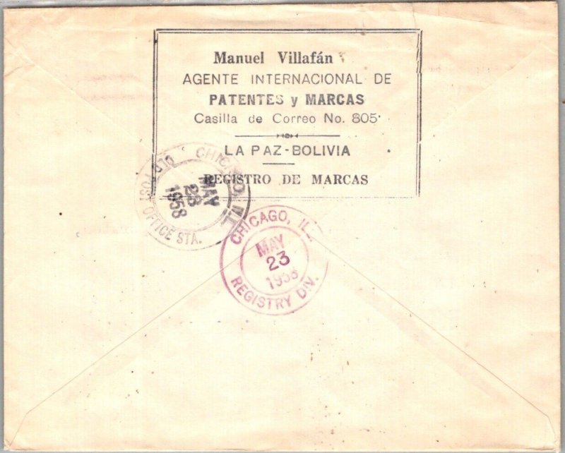 BOLIVIA POSTAL HISTORY AIRMAIL REG COVER ADDR USA CANC YRS'1950-60 
