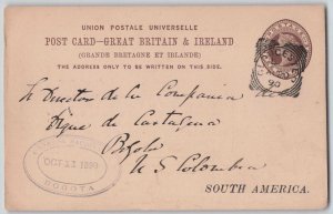 Great Britain 1890 1&1/1d Postal Stationery Card Gloucester to Bogota Colombia