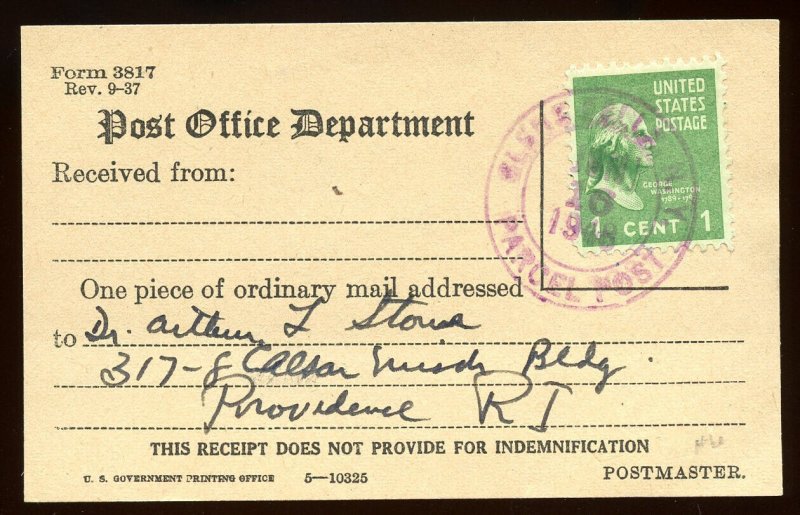 U.S. Scott 804 on Certificate of Mailing Form 3817
