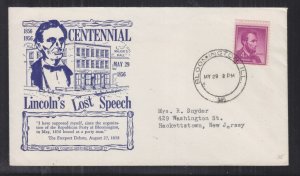 UNITED STATES, 1956 cover, Centennial Lincoln's Lost Speech, Bloomington, Ill. 