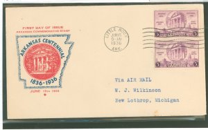 US 782 1936 3c Arkansas Centennial (single) on an addressed (typed) first day cover with an Arkansas centennial commission cache