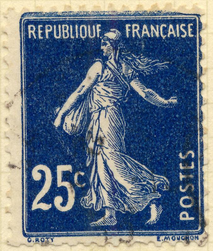 FRANCE - 1907 - Yv.140/Mi.119ax 25c bleu foncé T1A cadre épais en haut - Obl. TB