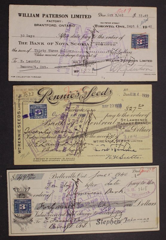 CANADA REVENUE FX64 EXCISE TAX STAMPS USED ON CHEQUES