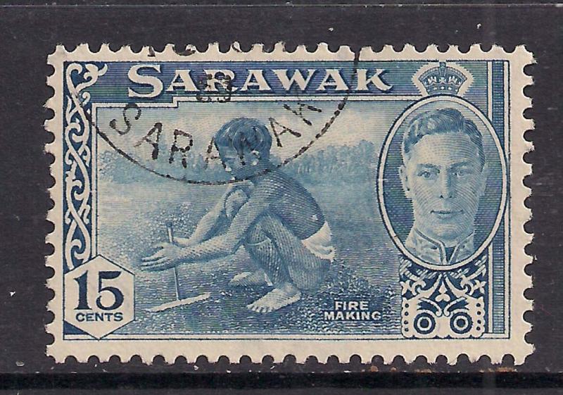 Sarawak 1950 KGV1 15ct Blue Fire Making SG 179 used stamp ( A898 )