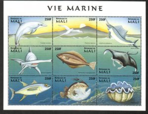 Mali Stamp 898  - Dolphin, bird, shark, manta ray, fish