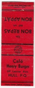 Canada Revenue 1/5¢ Excise Tax Matchbook CAFE HENRY BURGER Hull