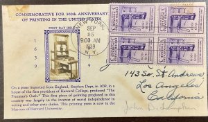 857 Crosby cachet Printing 300th Anniversary FDC 1939 w/Block of 4