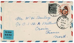 1940 Fort Wayne, Indiana cancel on airmail cover to France, Prexie