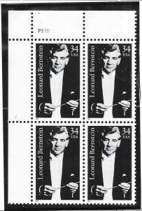 US#3521  34c  Leonard Bernstein Plate Block of 4 (MNH)CV $2.80