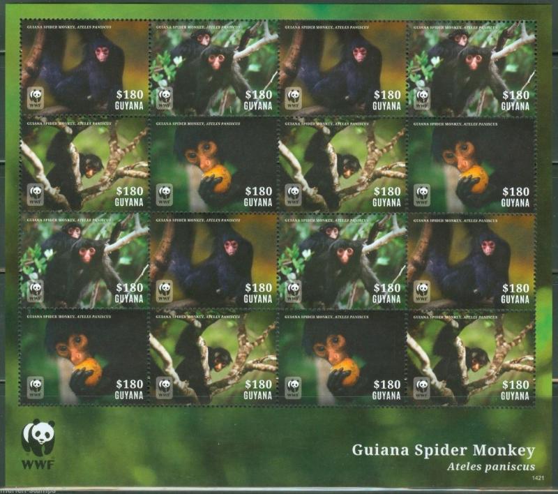 GUYANA 2014  WORLD WILDLIFE FUND GUIANA SPIDER MONKEY  SHEET OF 16  MINT NH 