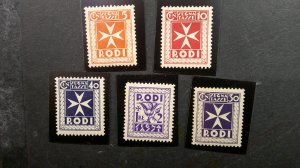 Italy Rhodes 1934 Postage Due Scott# J1, J2 hinged, J4, J5, J9 NH.  VF-XF