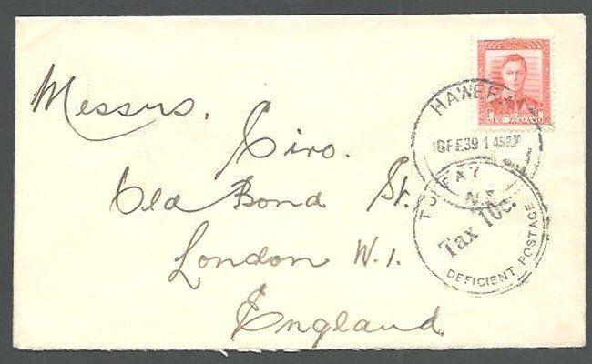 NEW ZEALAND 1939 cover Hawera to London, TAX 10c...........................60289