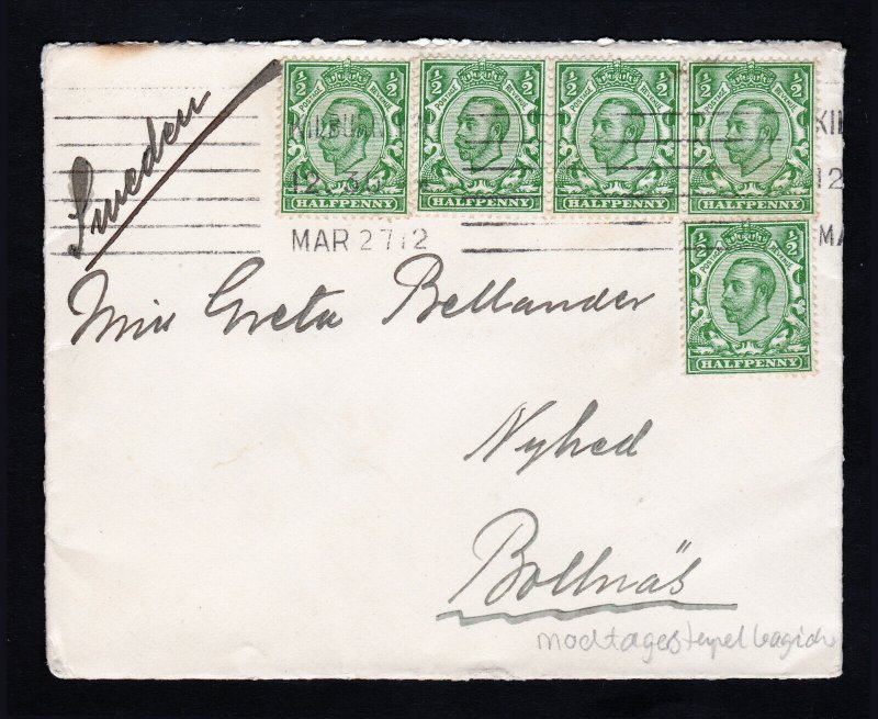 1912 HALFPENNY KGV STAMPS (5) COVER KILBURN LONDON TO BOLLNÄS SWEDEN