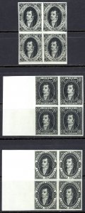 Argentina Sc# 8-10 PROOF Blocks/4 RARE 1864-1867 5c-15c black imperf Rivadavia