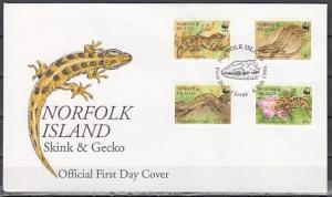 Norfolk Is., Scott cat. 596 A-D. Skink & Gecko, W.W.F. issue. First day cover. ^