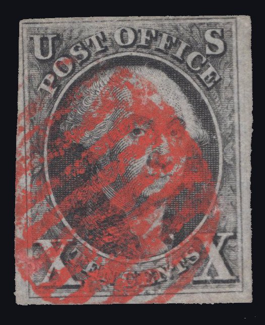 MOMEN: US STAMPS #2 IMPERF RED GRID CANCEL USED SOUND VF+ LOT #79432*