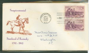 US 904 1942 3c Kentucky, Sesquicentennial of statehood (pair) on an addressed first day cover with a Fidelity cachet.