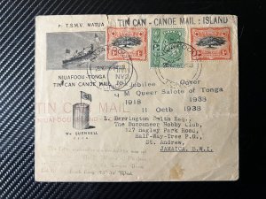 1938 Tonga Tin Can Canoe Mail Cover Niaufoou Island to St Andrew Jamaica BWI