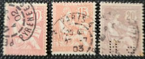 France, 1902, Rights of Man, #133-35, 10c - 20c, used, SCV$15.50