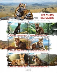 Central Africa - 2023 Wild Cats, Bobcat, Serval, Ocelot - 6 Stamp Sheet