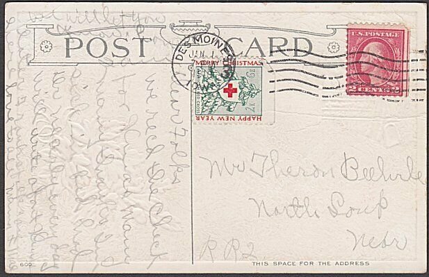 USA 1917 Red Cross Christmas seal tied on postcard ex Des Moines............B446