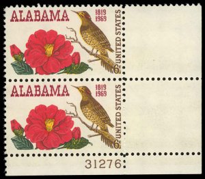 US Sc 1375 VF/MNH Plate # PAIR- 1969 6¢ ALABAMA STATEHOOD - P.O. Fresh