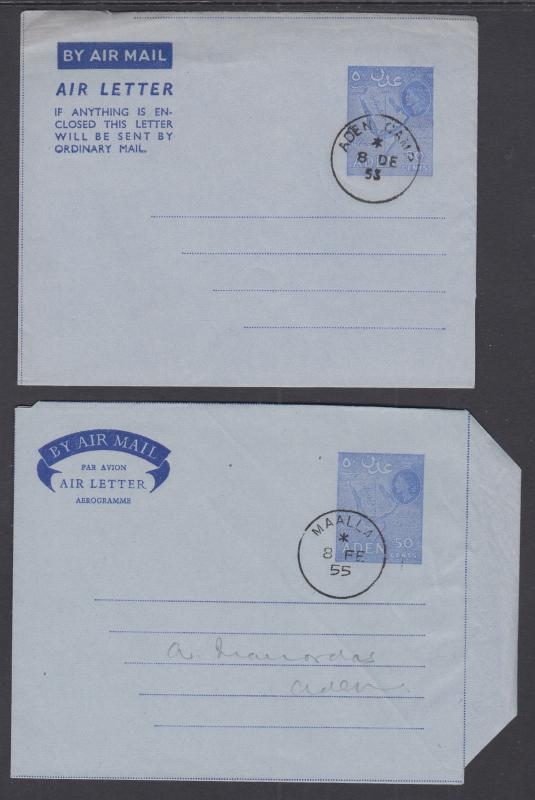 Aden H&G FG6, FG7 used 1953 & 1955 50c blue QEII & Map Aerogrammes, VF pair