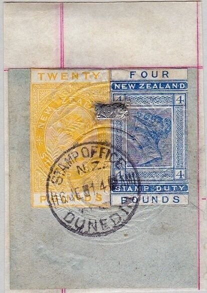 NEW ZEALAND 1880 LONG TYPE STAMP DUTY £20 & £4 used on piece................H513