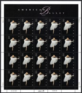 United States #3237 32¢ Ballet (1998). Mini-sheet of 20 stamps. MNH