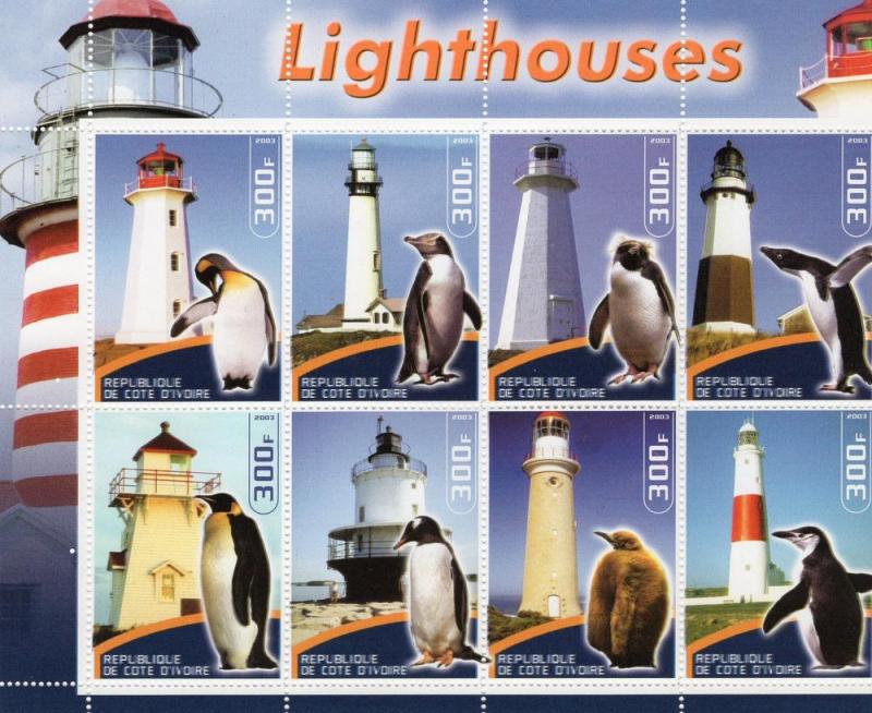 Ivory Coast Sheet/8 Lighthouses Penguins #03lighthouses7-14