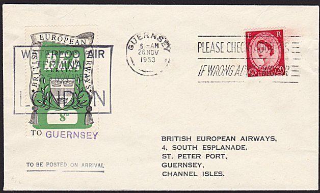 GB 1953 BEA 8d airmail stamp on flown cover London to Guernsey..............8998