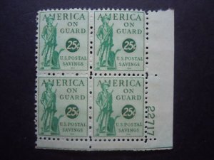1941 #PS12 25c Postal Savings Stamp Plate Block MNH OG VF #1 CV $22.50