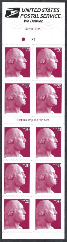 United States #3482a 20¢ George Washington (2001). Pane of 10. MNH