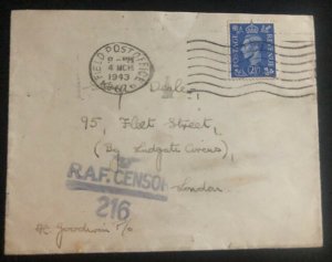 1943 British Field Post Office RAF Censored Cover To London England