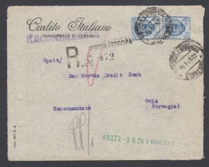 Italy Sc 88 (2) perfins on 1928 Registered Bank cover VERONA to OSLO, F-VF