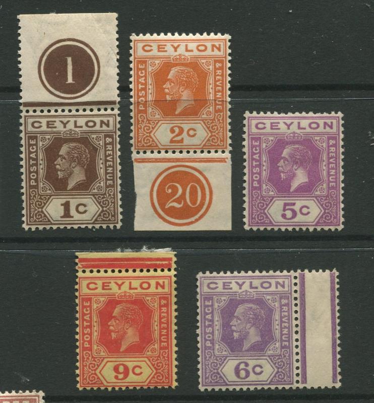 Ceylon -Scott 225-232 - KGV -Definitive- 1921- MVLH - 5 Single Stamps