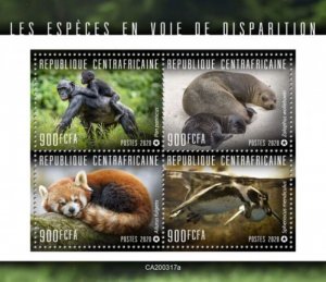 Central Africa - 2020 Endangered Species Animals 4 Stamp Sheet - CA200317a