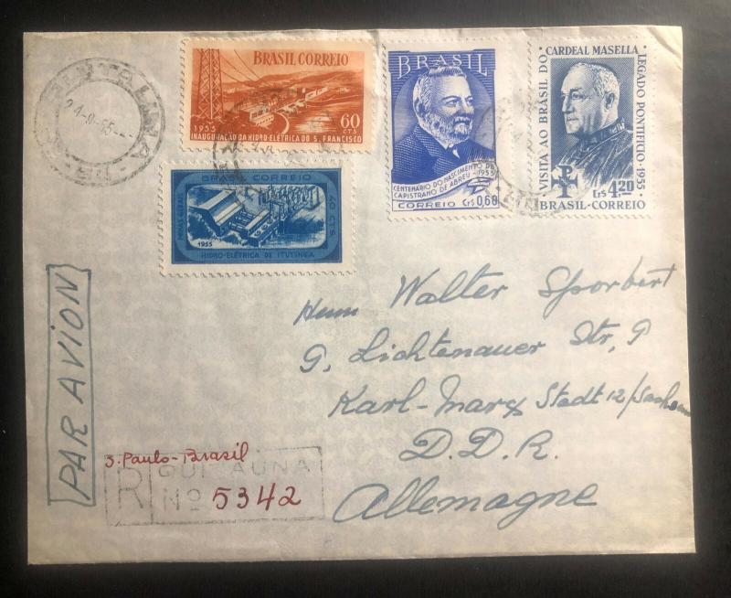 1955 Sao Pablo Brazil Airmail Registered Cover To Sachsen DDR Germany