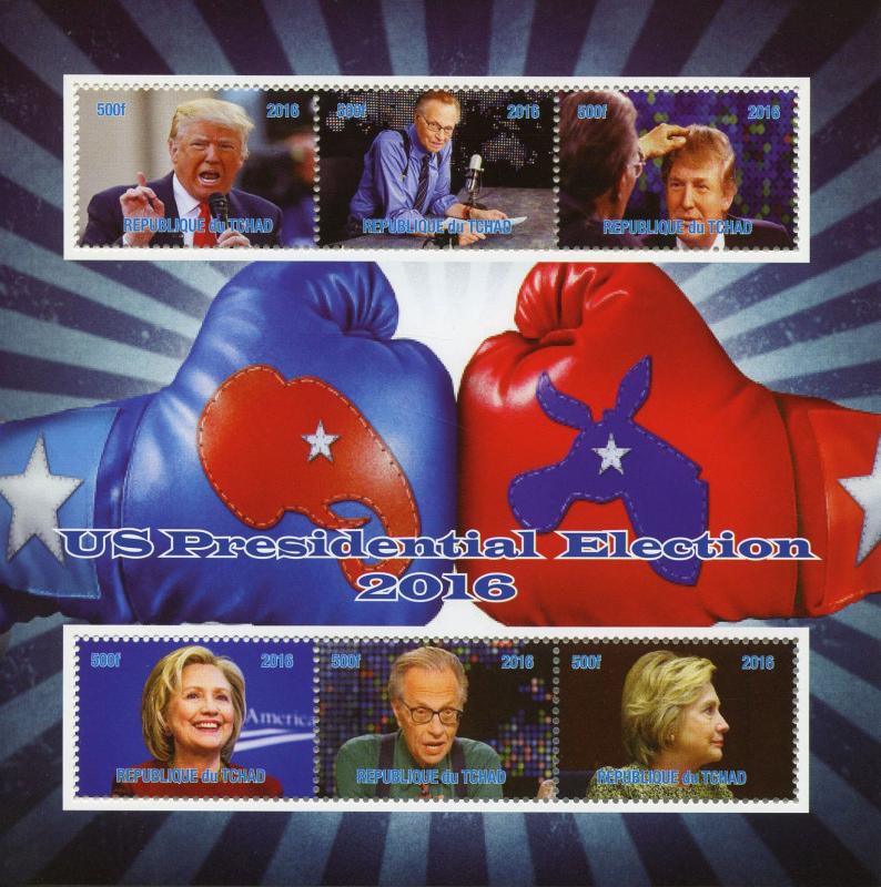 Chad US Presidents Stamps 2016 MNH Donald Trump Hillary Clinton Elections 6v M/S