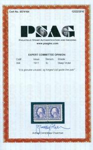 USA : 1911. Scott #394 Beautiful PO Fresh Mint OG Line pair. PSAG Cert. Cat $425